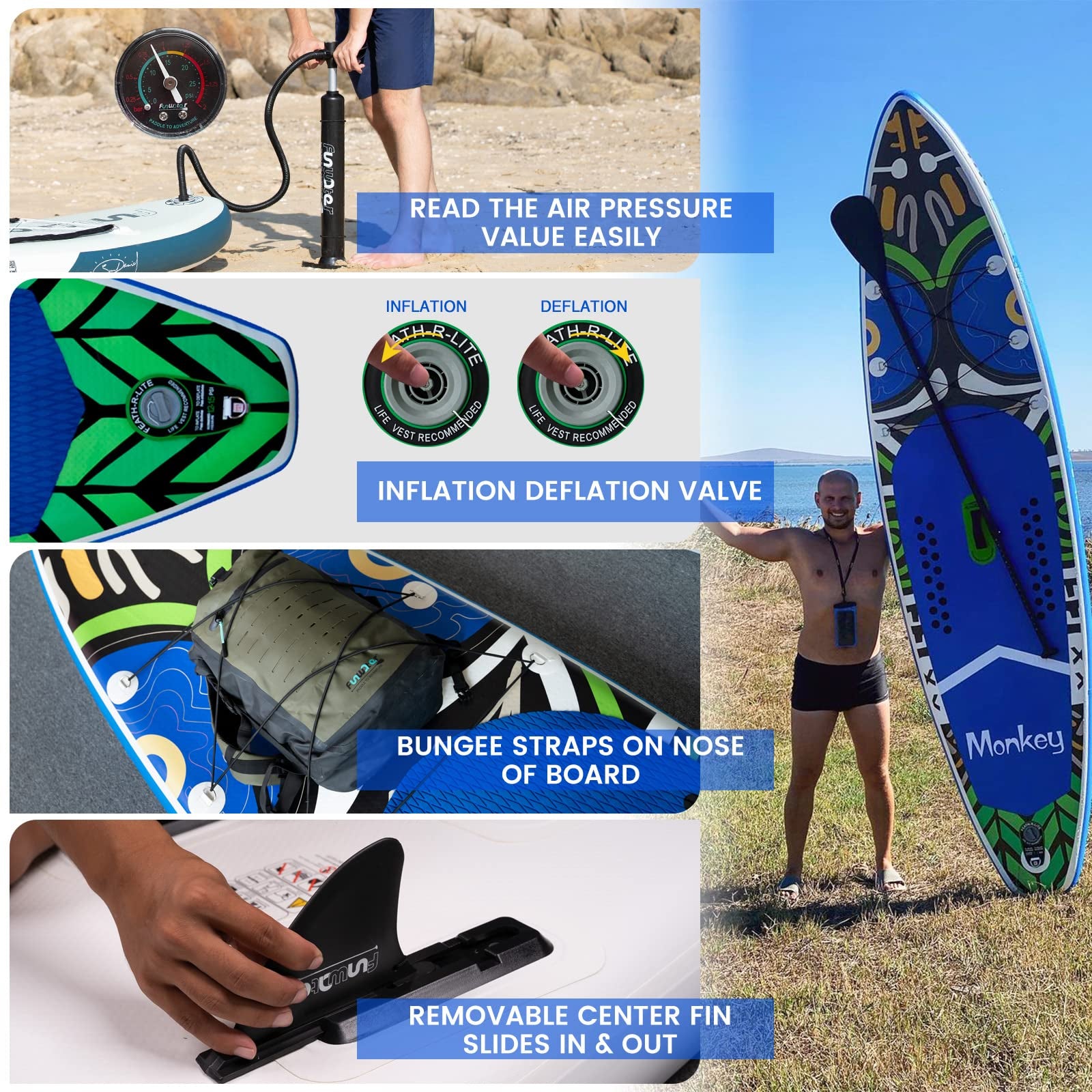 [UK Direct]  Inflatable Stand up Paddle Board Surfboard Complete Paddleboard Accessories Adjustable Paddle, Pump, ISUP Travel Backpack, Leash, Waterproof Bag, Adult Paddle Board SUPFR02A